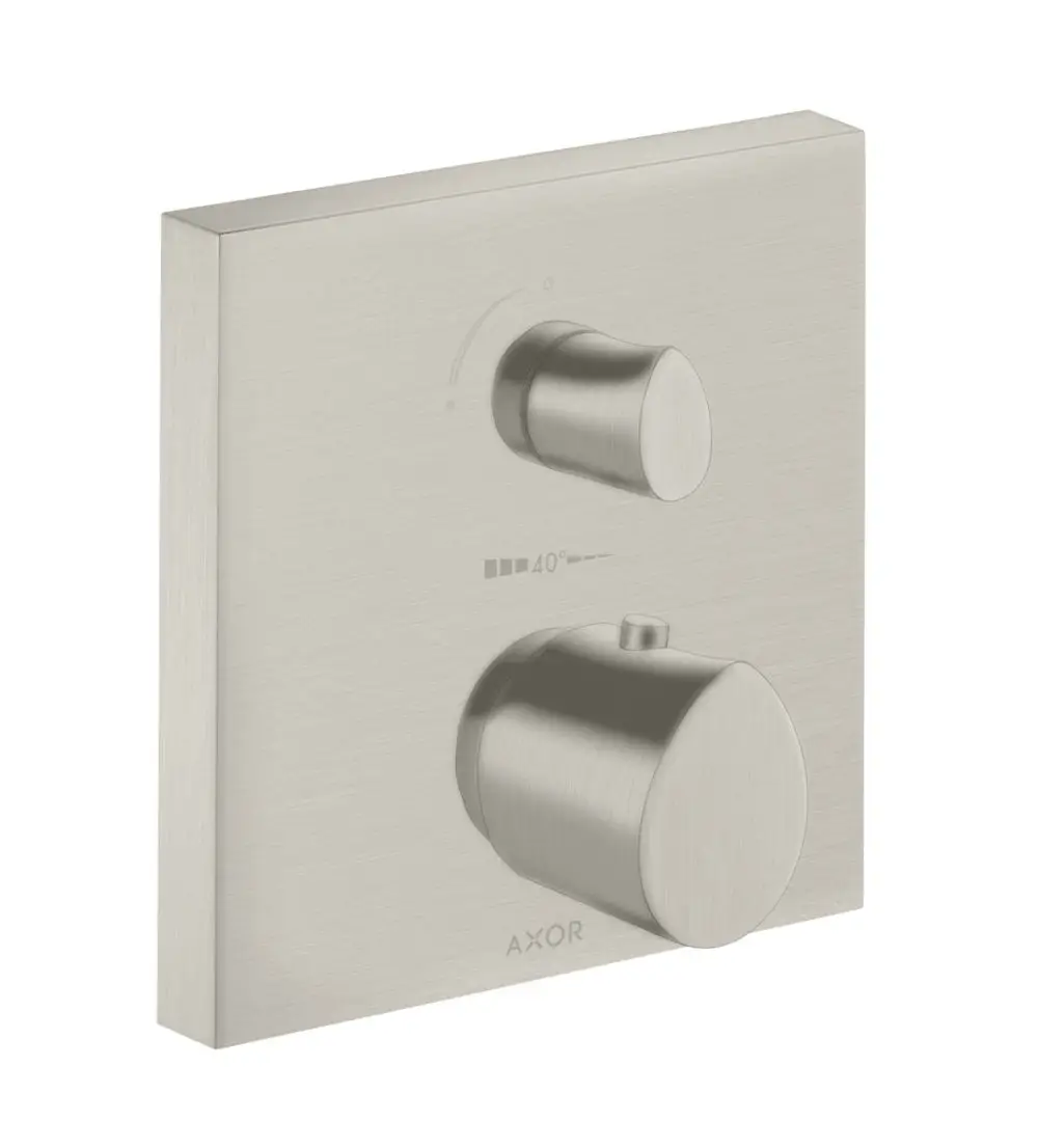 Thermostat mit zwei Einstellknöpfen auf einer quadratischen Platte in Edelstahloptik, gefertigt von AXOR. Der obere Knopf reguliert die Temperatur, der untere das Ab- und Umstellventil.
